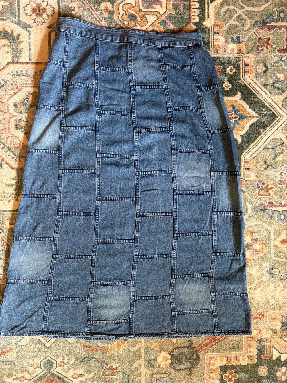 Studio West Blue Square Stitched Panel Denim Maxi Skirt, Large
100% Cotton